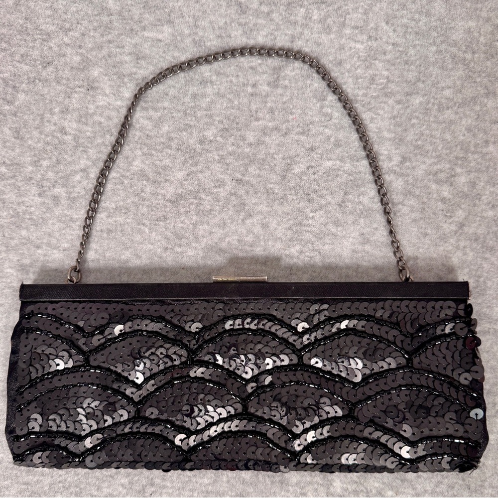 Vintage Banana Republic Black Sequin Clutch w Silver Hardware Cocktail Party